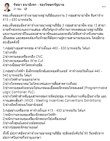 ครม.เห็นชอบค่าจ้างตามมาตรฐานฝีมือแรงงาน 3 กลุ่มสาขาอาชีพ