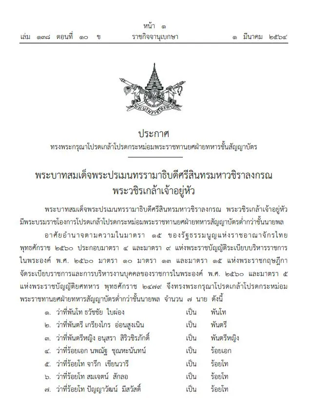 พระบรมราชโองการ โปรดเกล้าฯ พระราชทานยศทหาร 7 นาย