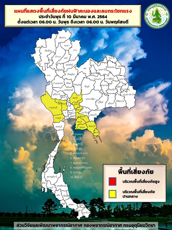 กรมอุตุฯระบุพื้นที่เสี่ยงฝนฟ้าคะนอง ลมกระโชกแรง 11 จังหวัด