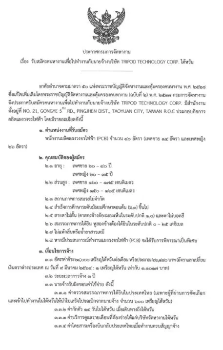 กรมจัดหางานเปิดรับสมัครคนว่างงาน 40 อัตรา ไปทำงานที่ไต้หวัน