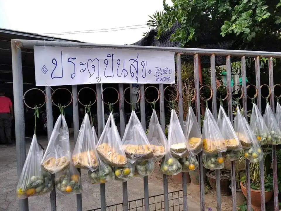 คุณยายโคราชใจบุญ ปิ๊งไอเดียทำประตูปันสุข แจกจ่ายผักผลไม้ให้คนในหมู่บ้าน
