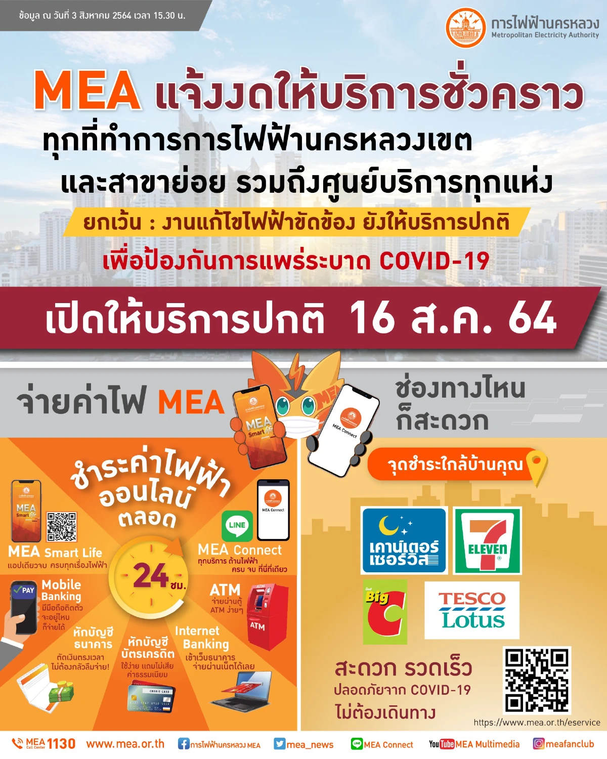 MEA แจ้งขยายเวลางดให้บริการชั่วคราวทุกที่ทำการ ตามนโยบาย ศบค. เพื่อป้องกัน
