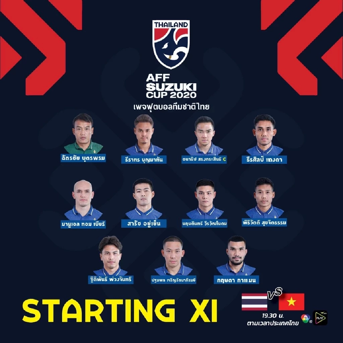 เผยรายชื่อผู้เล่น 11 ตัวจริง ทีมชาติไทย พบ ทีมชาติเวียดนาม วันนี้ 19.30 น.