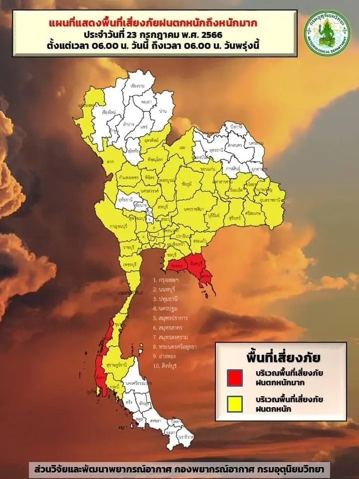 เตือนด่วน แผนที่ 46 จังหวัดระดับสีเหลือง-แดง เสี่ยงฝนตกหนักถึงพรุ่งนี้เช้า