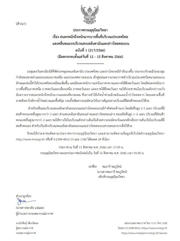 กรมอุตุฯ ประกาศเตือภัยฉบับ 1 ฝนตกหนัก-หนักมาก 12-15 นี้