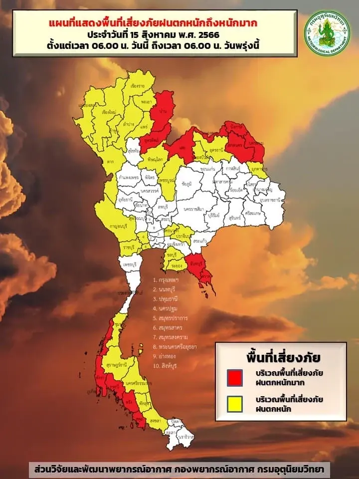 กรมอุตุฯ เตือนฉบับที่ 8 เช็กพื้นที่ 42 จังหวัด ฝนตกหนักถึงหนักมาก กทม.ตก 60%