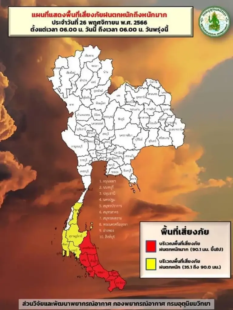 ประกาศกรมอุตุฯ ฉบับที่ 6 เช็กพื้นที่ฝนตกหนักมาก 26 ถึง 27 พ.ย.