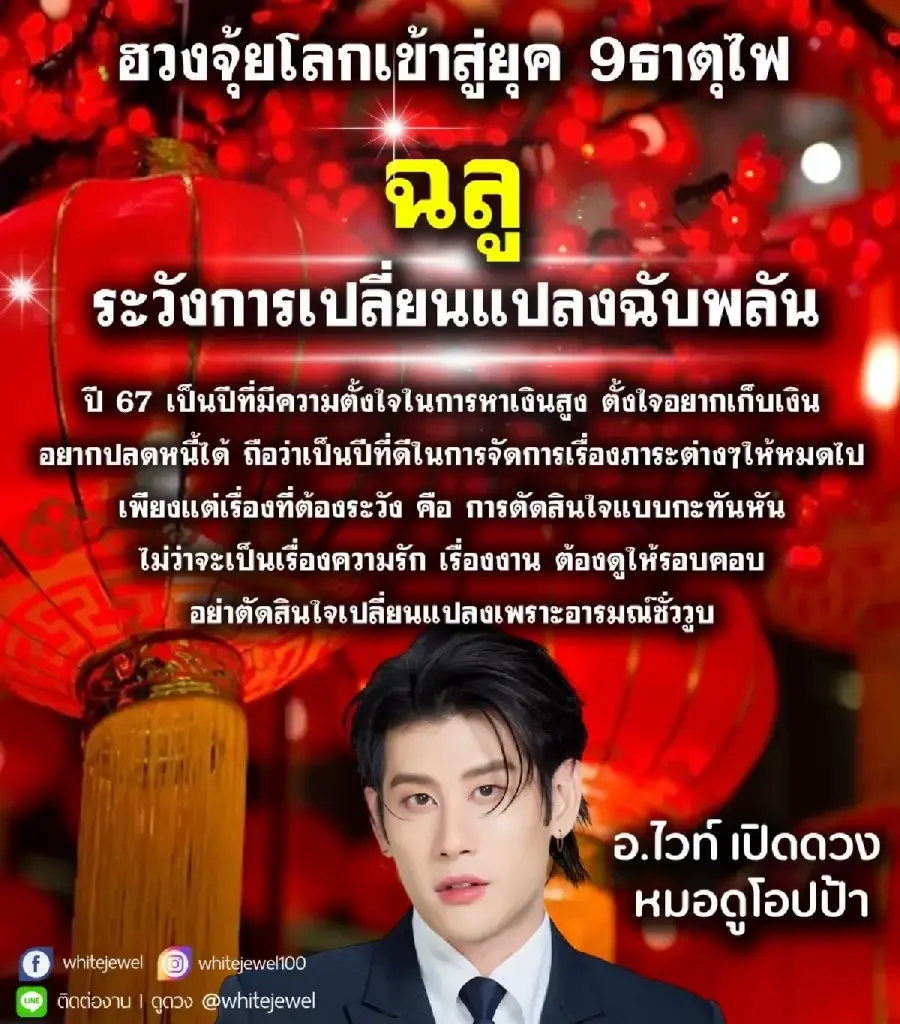 เปิดดวงชะตา 3 ปีนักษัตร ปี 2567 ฮวงจุ้ยโลกเข้าสู่ยุค 9 ธาตุไฟ ต้องระวังงานเข้า