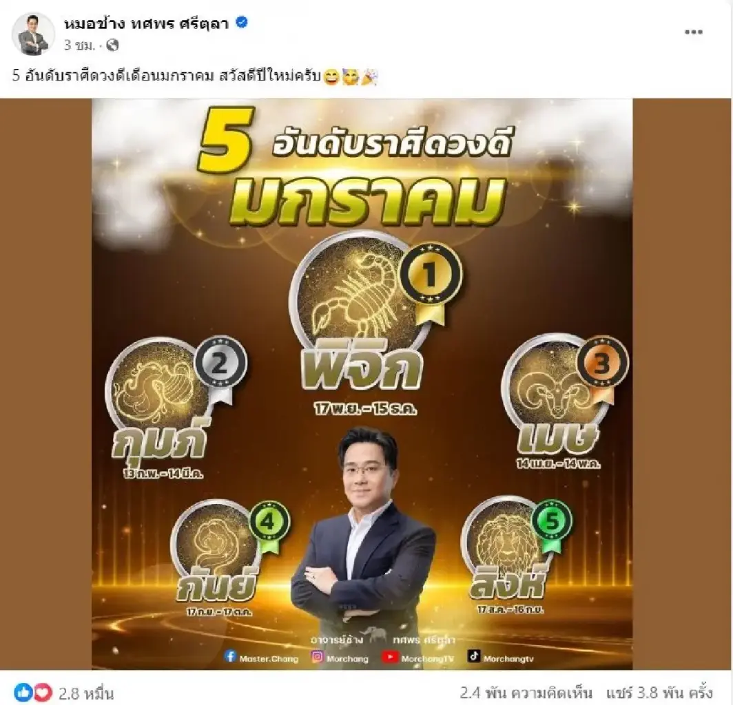 หมอช้าง จัดอันดับ 5 ราศี ดวงดีเริ่มต้นปีแบบปังๆ เดือนมกราคม 2567  
