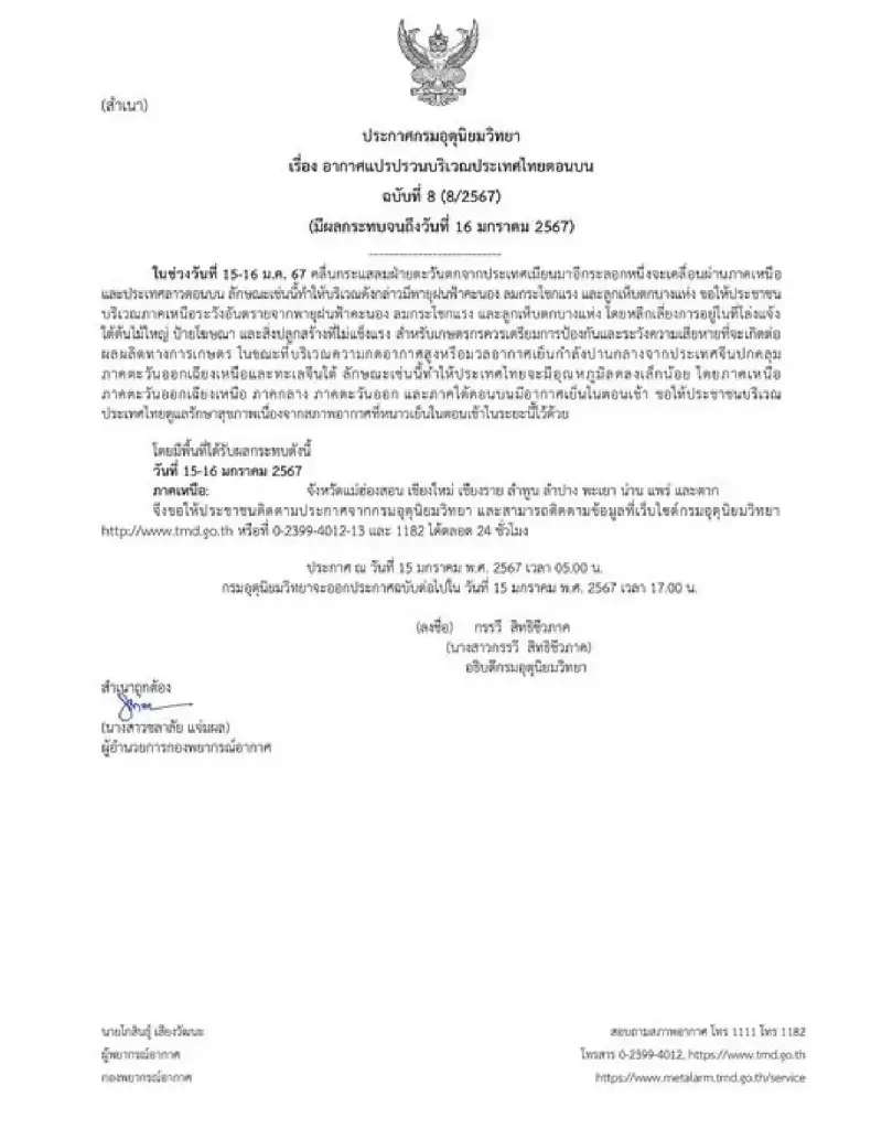 ประกาศกรมอุตุฯ ฉ.8 ไทยตอนบนอากาศแปรปรวน พายุฝนฟ้าคะนอง ลมกระโชกแรง