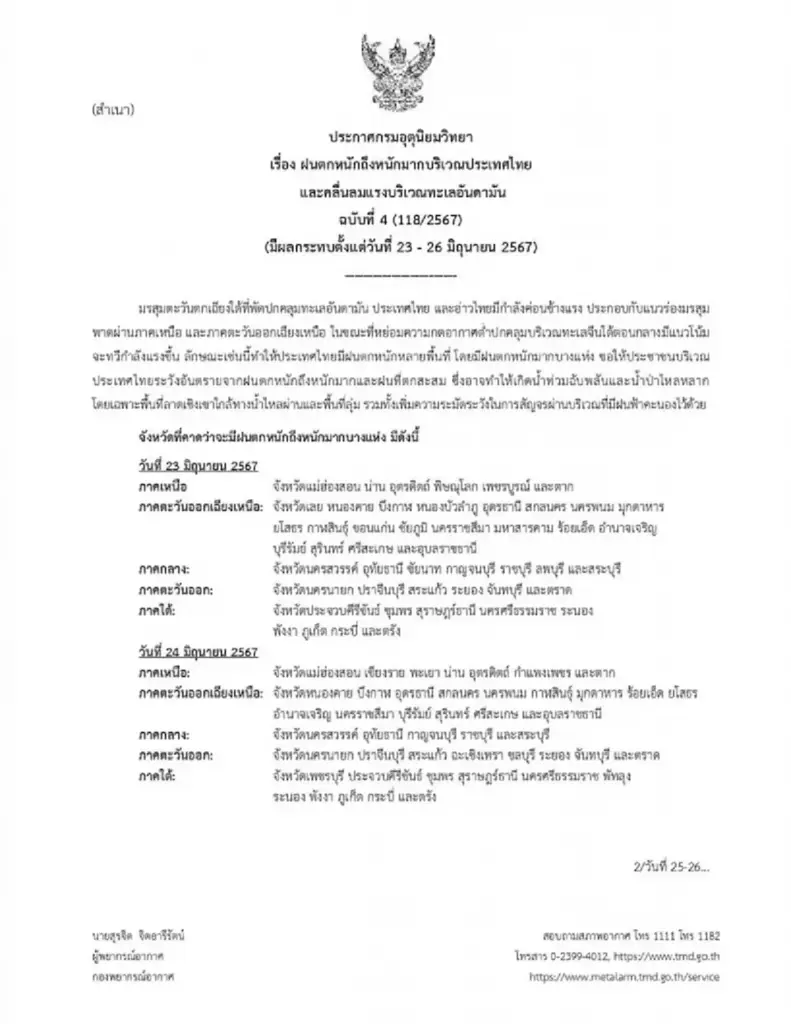 สภาพอากาศวันนี้ ประกาศฉบับ 4 เตือน ฝนตกหนักถึงหนักมาก ช่วง 23 ถึง 26 มิ.ย.นี้