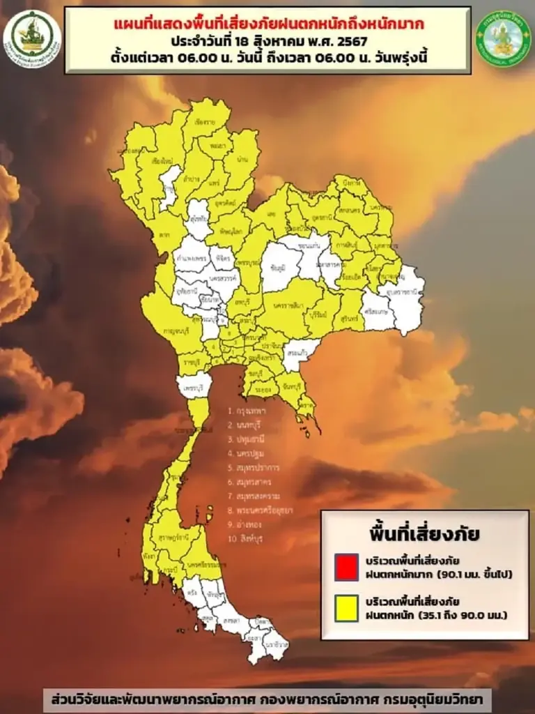 กรมอุตุนิยมวิทยา เตือนพื้นที่ 55 จังหวัด ฝนตกหนัก กทม.โดนด้วย