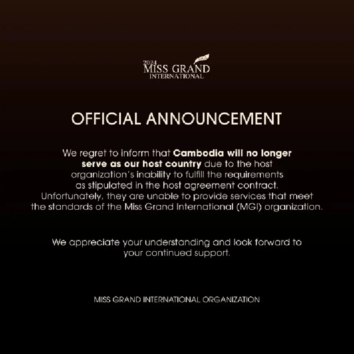 มิสแกรนด์อินเตอร์เนชั่นแนล 2024 ประกาศยกเลิก กัมพูชา จากการเป็นเจ้าภาพ
