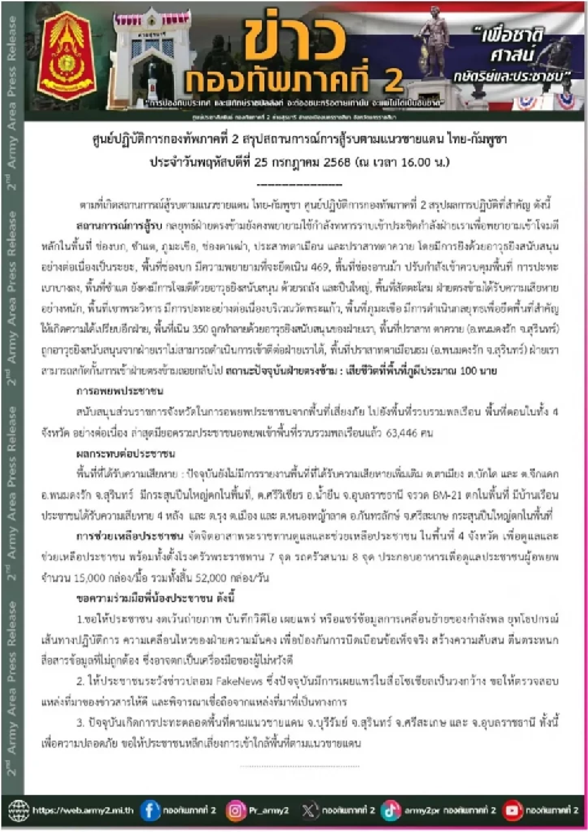 \"กองทัพภาคที่ 2\" แถลงสรุป 8 จุดปะทะ ฝั่งกัมพูชาดับนับ 100 ที่ภูผี