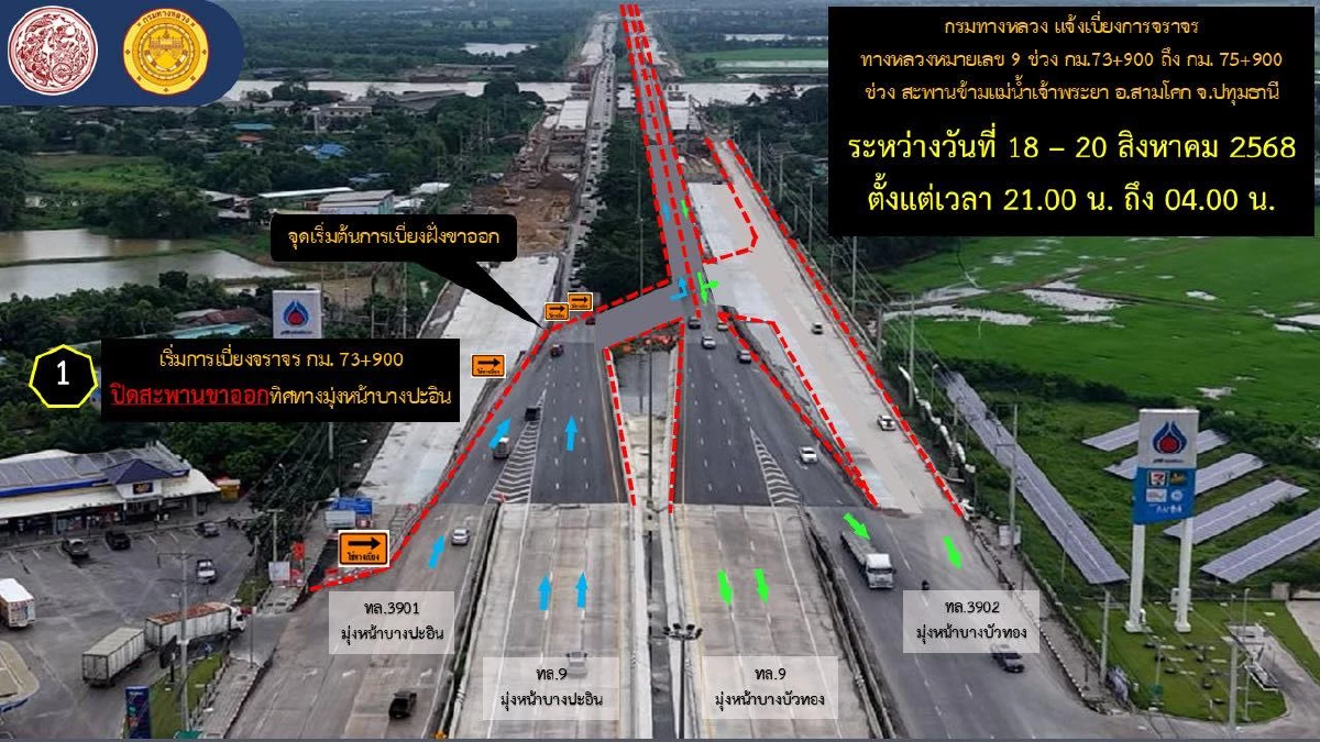 ปิดสะพานข้ามเจ้าพระยา อ.สามโคก 2 วัน โปรดวางแผนการเดินทาง