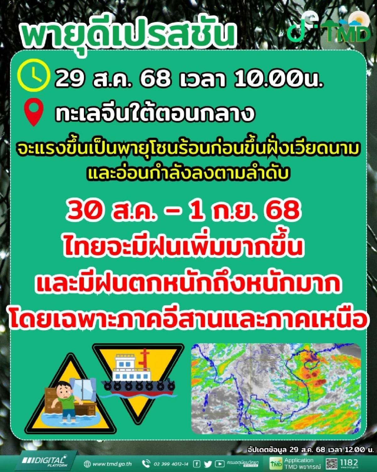 พายุดีเปรสชัน ลูกใหม่จ่อเข้าไทย 30 ส.ค.–1 ก.ย. รับมือฝนตกหนัก น้ำท่วม