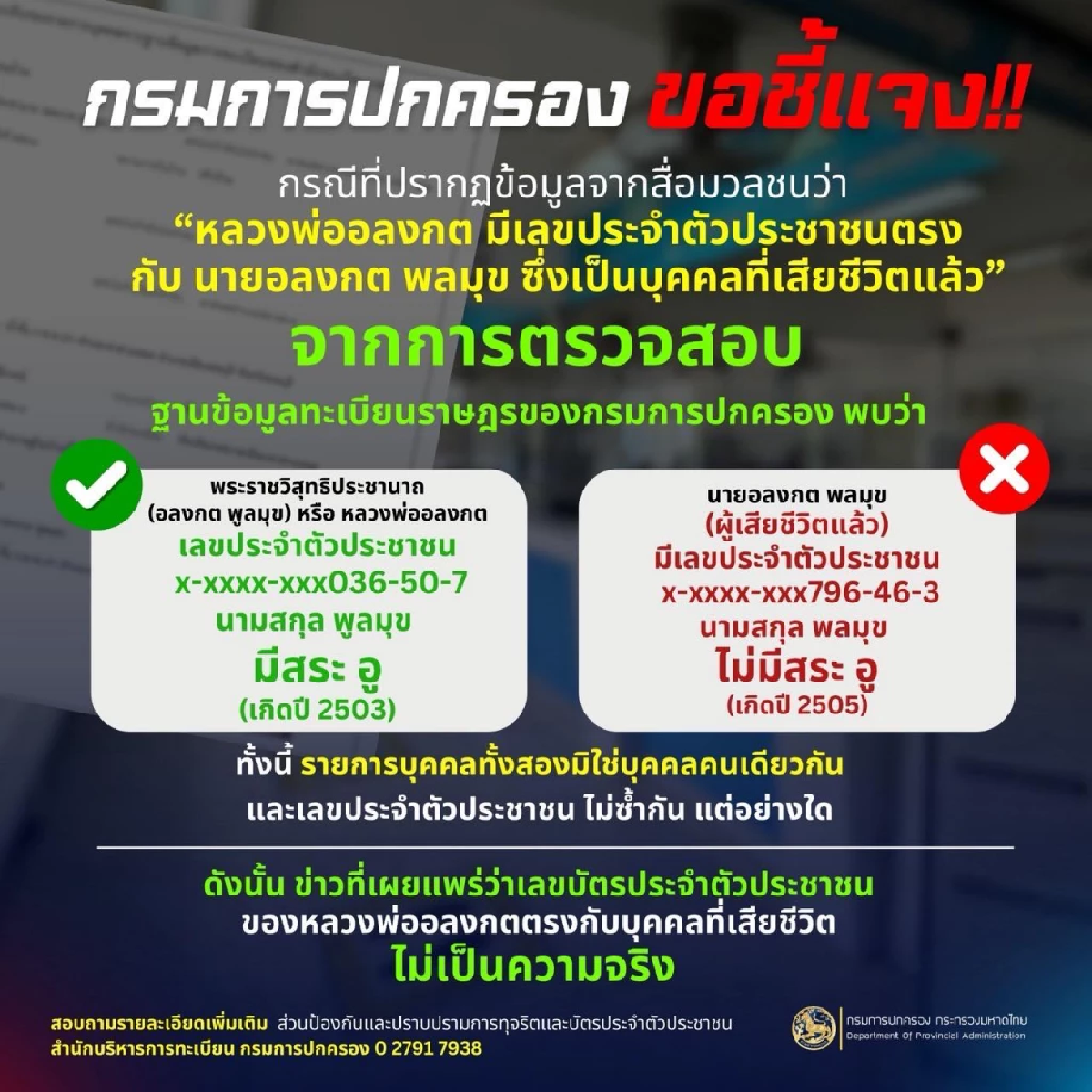 กรมการปกครอง ชี้แจง กรณีเลขบัตรประจำตัวประชาชนของหลวงพ่ออลงกต