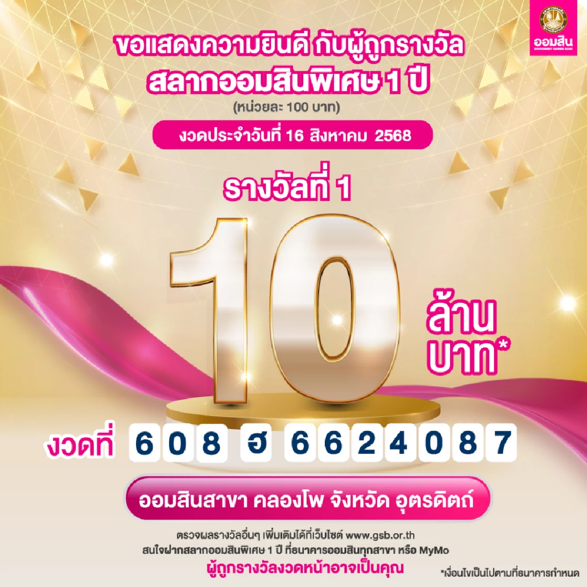ชาวอุตรดิตถ์ ดวงเฮง ถูกสลากออมสินรางวัลใหญ่ รับทรัพย์ 10 ล้าน
