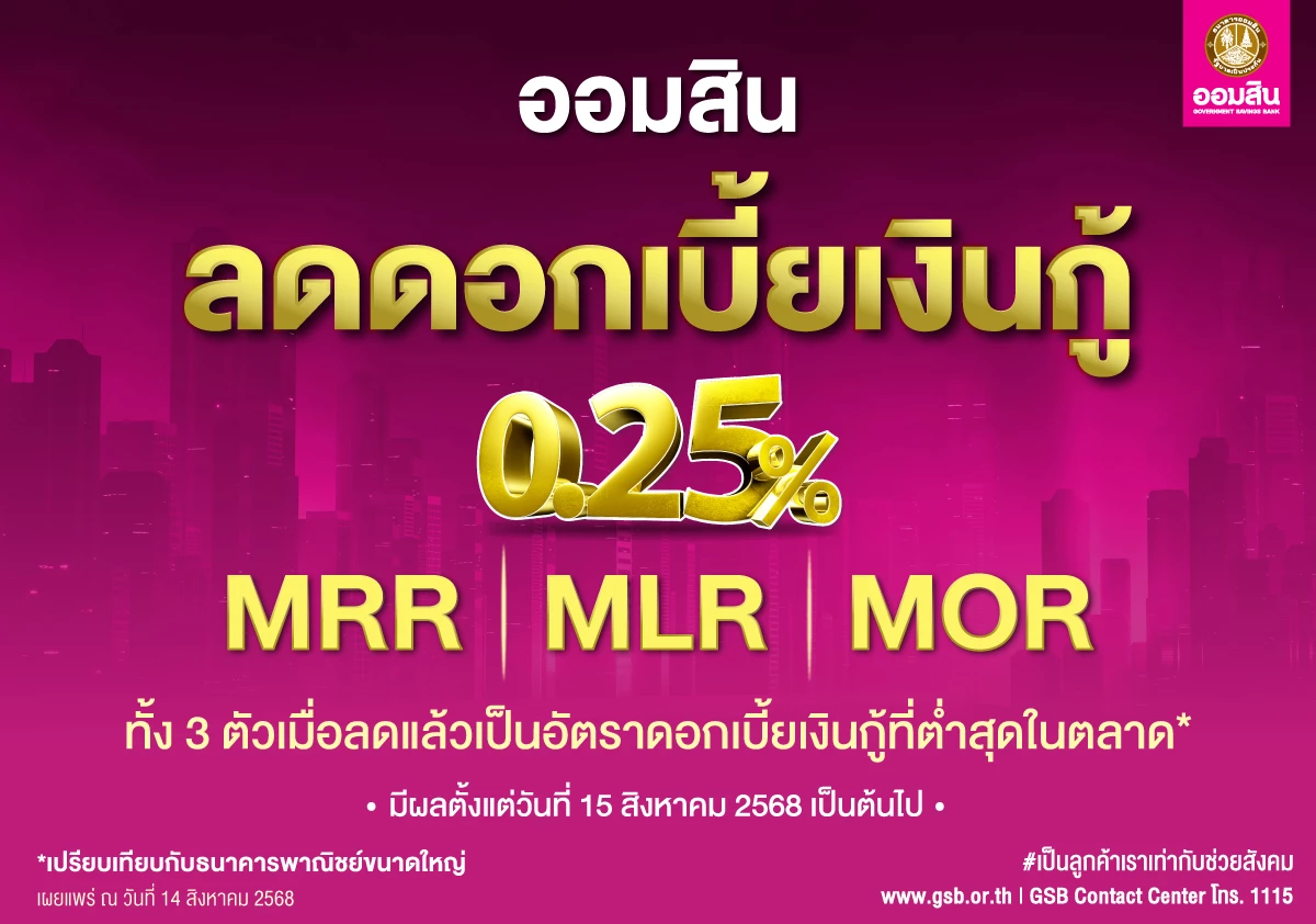 \"ออมสิน\" ประกาศลดดอกเบี้ยเงินกู้ทุกตัว 0.25% มีผล 15ส.ค.นี้ หวังช่วยกระตุ้นเศรษฐกิจทั้งระบบ