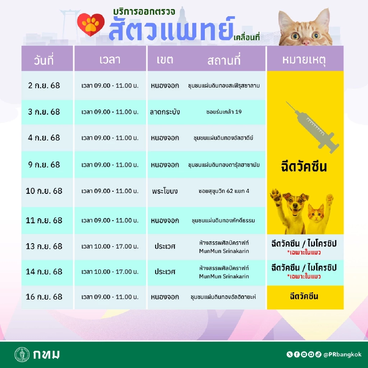 กทม. เปิดบริการสัตวแพทย์เคลื่อนที่ เดือน ก.ย. 2568 ช่วยเหลือสุนัขแมวฟรี