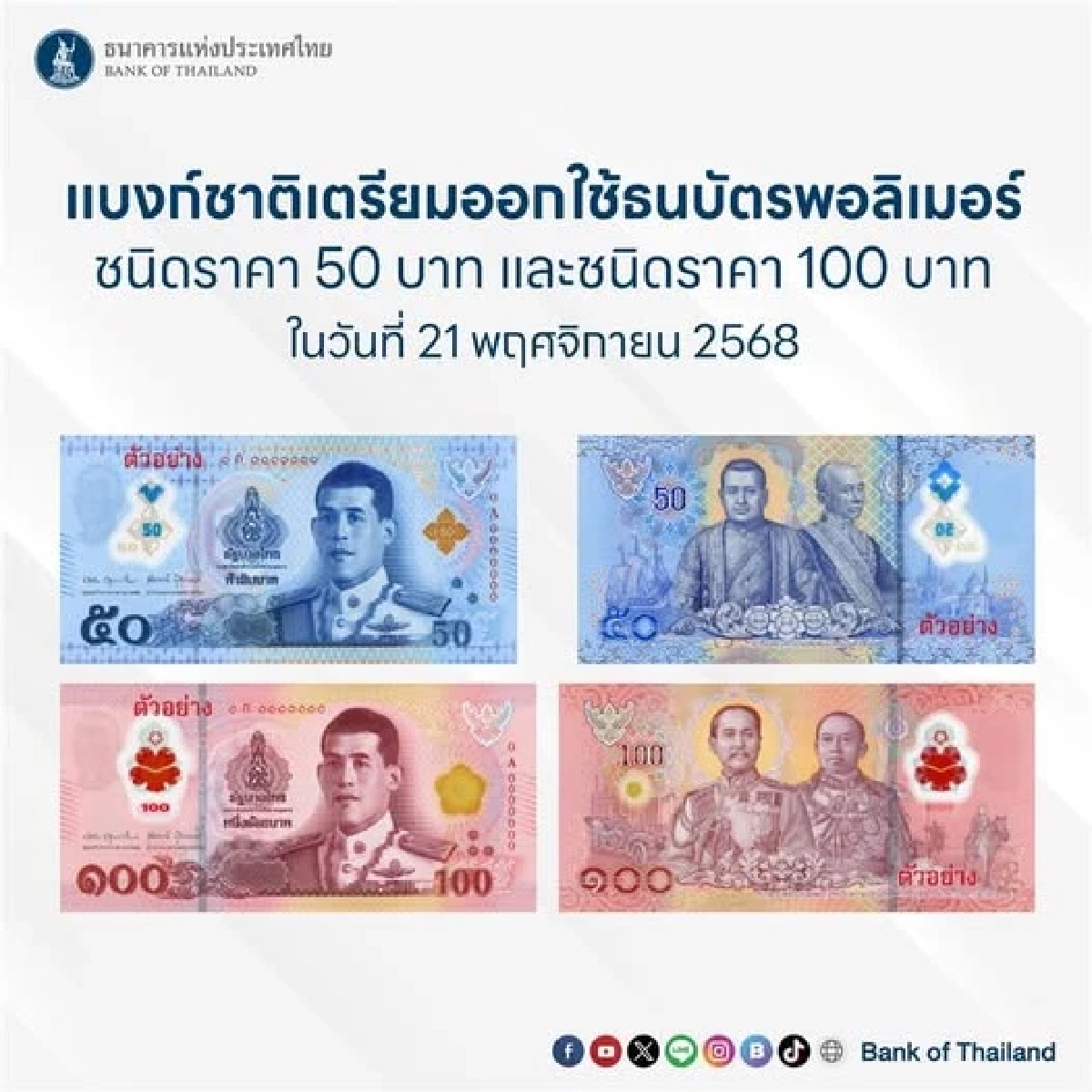 ธนบัตรแบบใหม่ 50 และ 100 บาท จะเริ่มใช้เมื่อไหร่ แล้วต่างจากเดิมยังไง