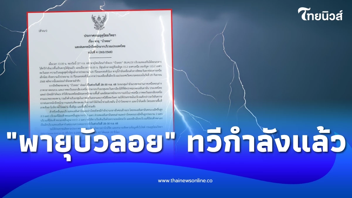 เตือนด่วน พายุบัวลอย ฉ.4 เปิดชื่อจังหวัดฝนถล่มยาวถึงสิ้นเดือน