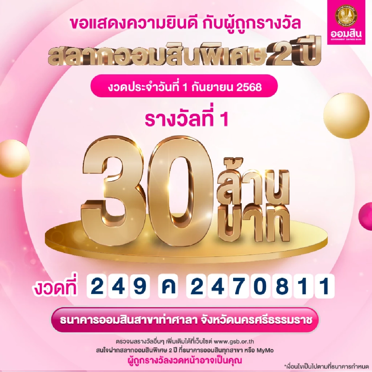ดวงเฮง ชาวท่าศาลา ถูกหวยออมสินรางวัลใหญ่ รับทรัพย์ 30 ล้าน