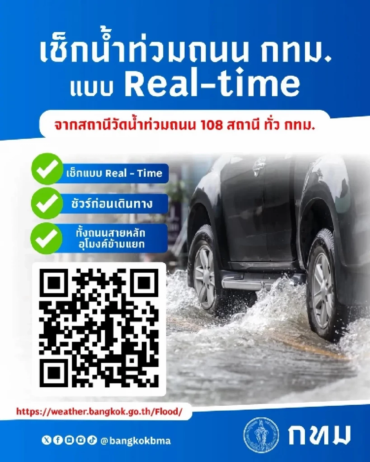 กทม. เปิดระบบเช็กน้ำท่วมถนนเรียลไทม์ 108 จุดทั่วกรุง ลดปัญหารถติด