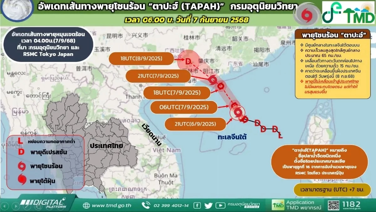 จับตาเส้นทาง ‘พายุตาปะฮ์’ ล่าสุด! กรมอุตุฯ ประกาศ ฉบับ 5