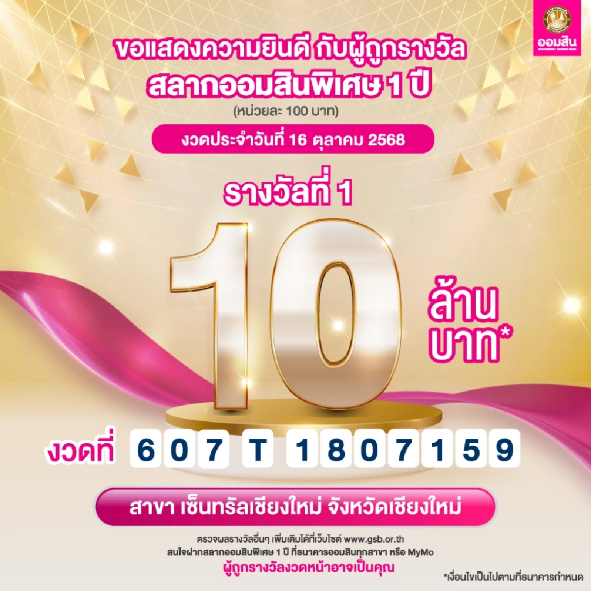 ดวงเฮง ผู้โชคดีชาวเชียงใหม่ ถูกสลากออมสินรางวัลใหญ่ รับทรัพย์ 10 ล้าน