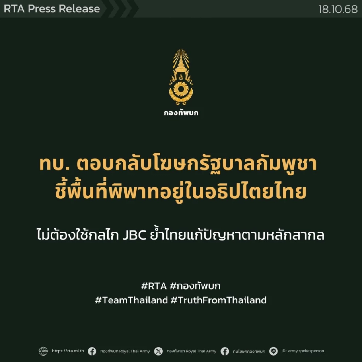 ทบ. ตอบกลับ โฆษกรัฐบาลกัมพูชา ชี้พื้นที่พิพาทอยู่ในอธิปไตยไทย