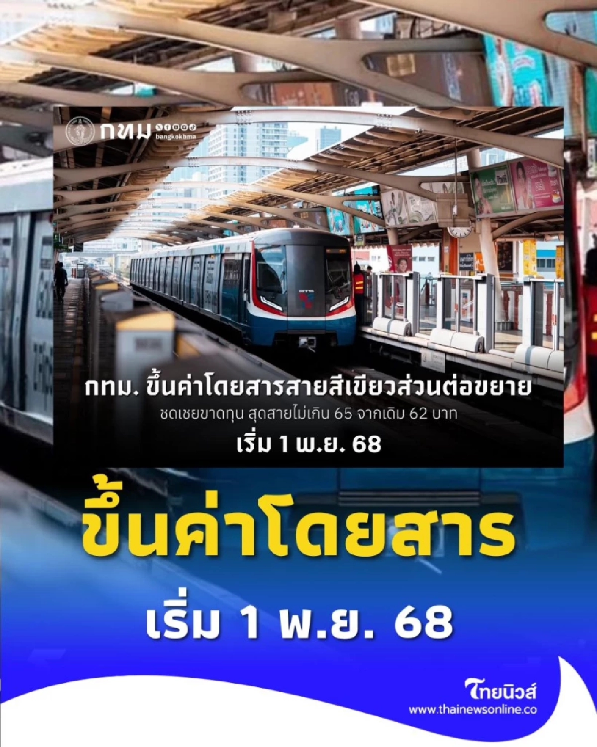 กทม. ขึ้นค่าโดยสารสายสีเขียวส่วนต่อขยาย เริ่ม 1 พ.ย. 68