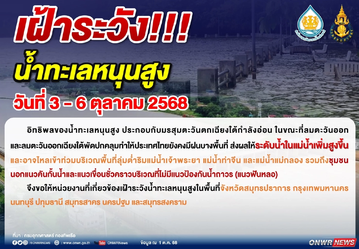 สทนช. เตือนน้ำทะเลหนุนสูง 3-6 ต.ค. 68 พื้นที่ลุ่มต่ำริมเจ้าพระยาเสี่ยงท่วม