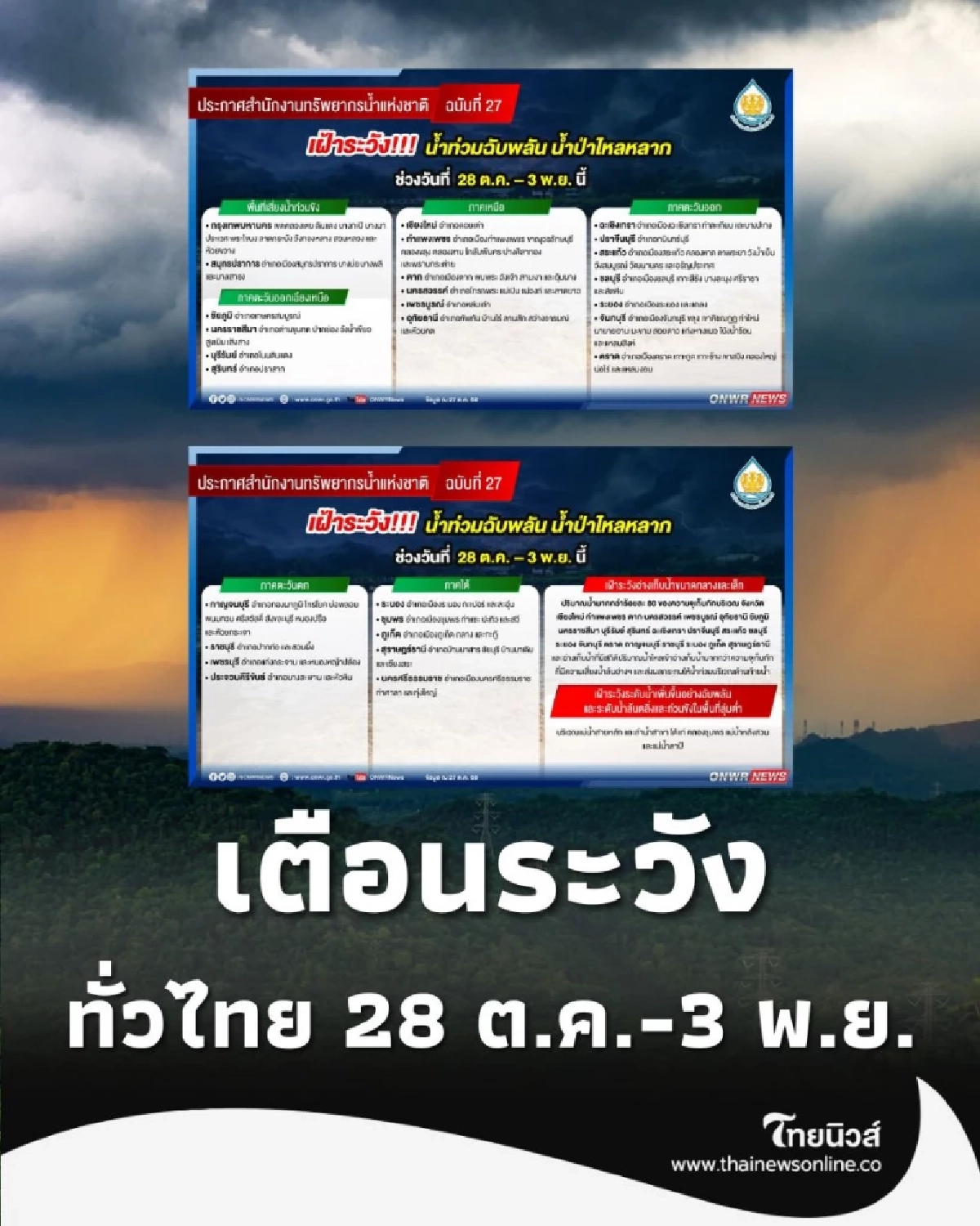 สทนช. เตือน เฝ้าระวัง น้ำหลาก-ดินถล่ม ทั่วไทย 28 ต.ค.-3 พ.ย.