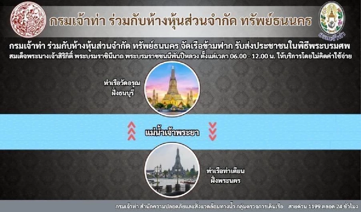 กรมเจ้าท่า ให้บริการ เรือข้ามฟากฟรี รับ-ส่ง ปชช. ถวายน้ำสรงพระบรมศพ สมเด็จพระพันปีหลวง