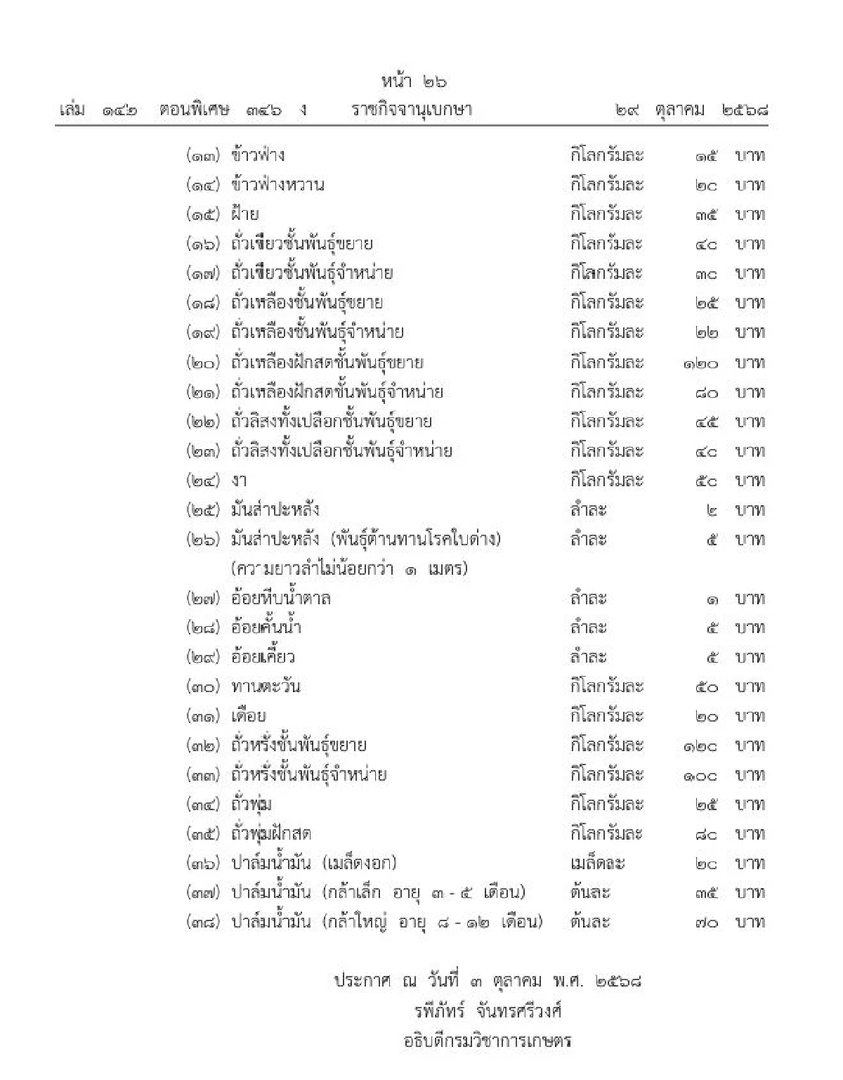 ราชกิจจาฯ ปรับราคาขายพันธุ์พืชไร่ปี 2568 ทั้งหมด 38 รายการ