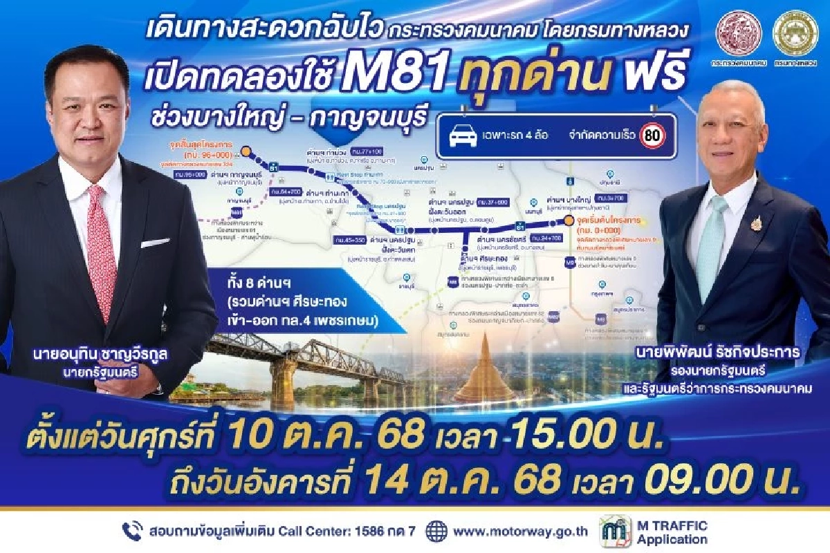 ข่าวดีเปิดฟรี! “มอเตอร์เวย์ M81 บางใหญ่–กาญจนบุรี” วิ่งยาว 5 วัน