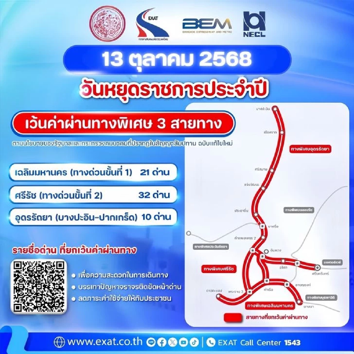 ทางด่วนฟรี 3 สาย! การทางพิเศษฯ เปิดให้วิ่งฟรีตลอดวัน 13 ต.ค. 68