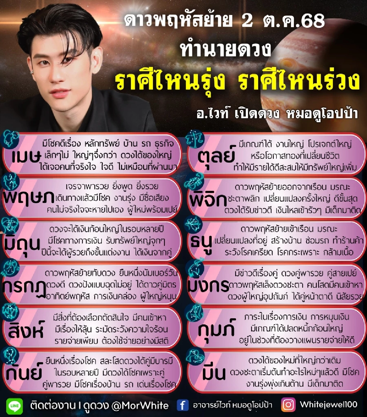 หมอไวท์ เคาะราศีมีโชค รับทรัพย์ เงินไหลเข้า หลังดาวพฤหัสย้าย