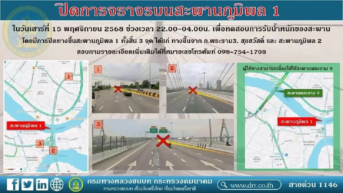 กรมทางหลวงชนบทปิดสะพานภูมิพล 1-2 ชั่วคราว ต.ค.-พ.ย. 68 เพื่อทดสอบโครงสร้าง