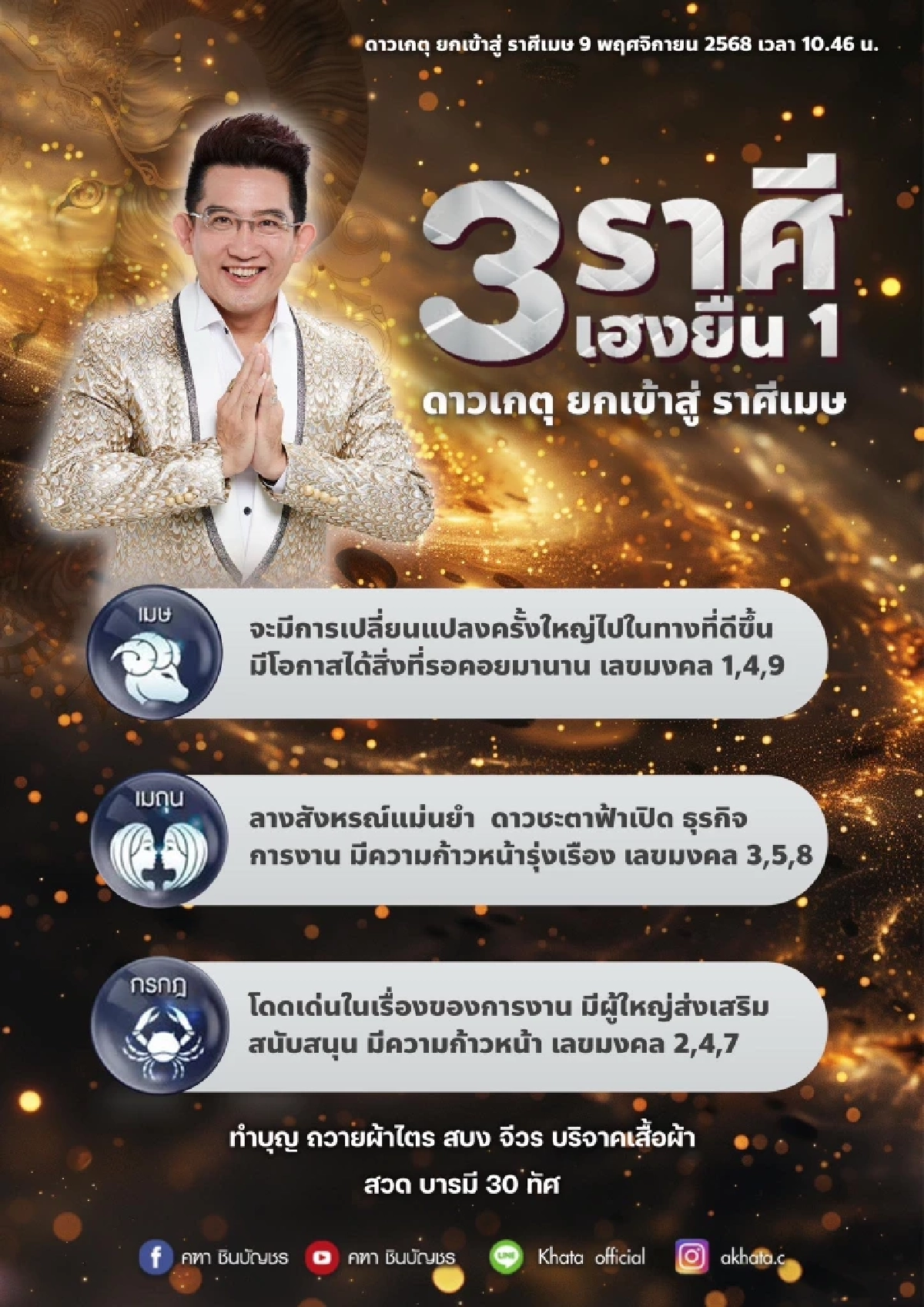 3 ราศี เฮงยืนหนึ่ง อ.คฑา ชี้ดาวเกตุย้าย รุ่งเรือง ก้าวหน้า