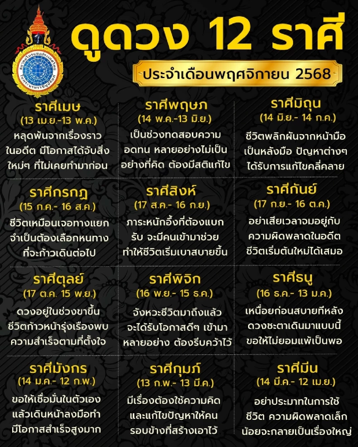 เช็กดวง 12 ราศี ประจำเดือนพ.ย.68 พบราศีสุดปัง และราศีต้องระวัง