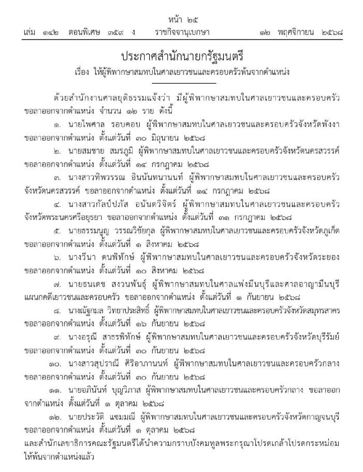 ราชกิจจาฯ 12 ผู้พิพากษาสมทบในศาลเยาวชนและครอบครัวพ้นจากตำแหน่ง