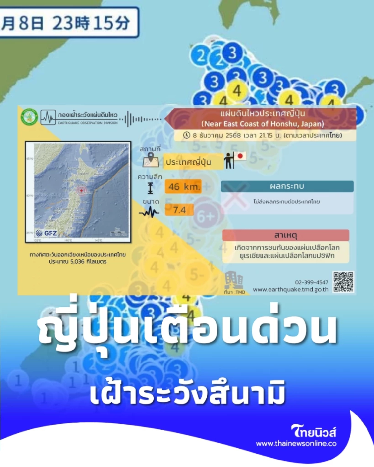 ญี่ปุ่น ได้เกิดแผ่นดินไหว ขนาด M7.6 เตือนสึนามิ สูง 3 เมตร