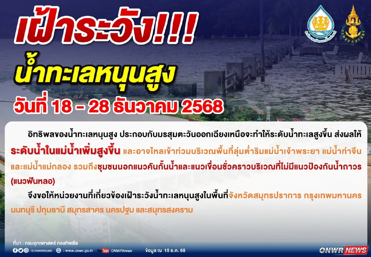 สำนักงานทรัพยากรน้ำแห่งชาติ ประกาศเฝ้าระวังน้ำทะเลหนุนสูง
