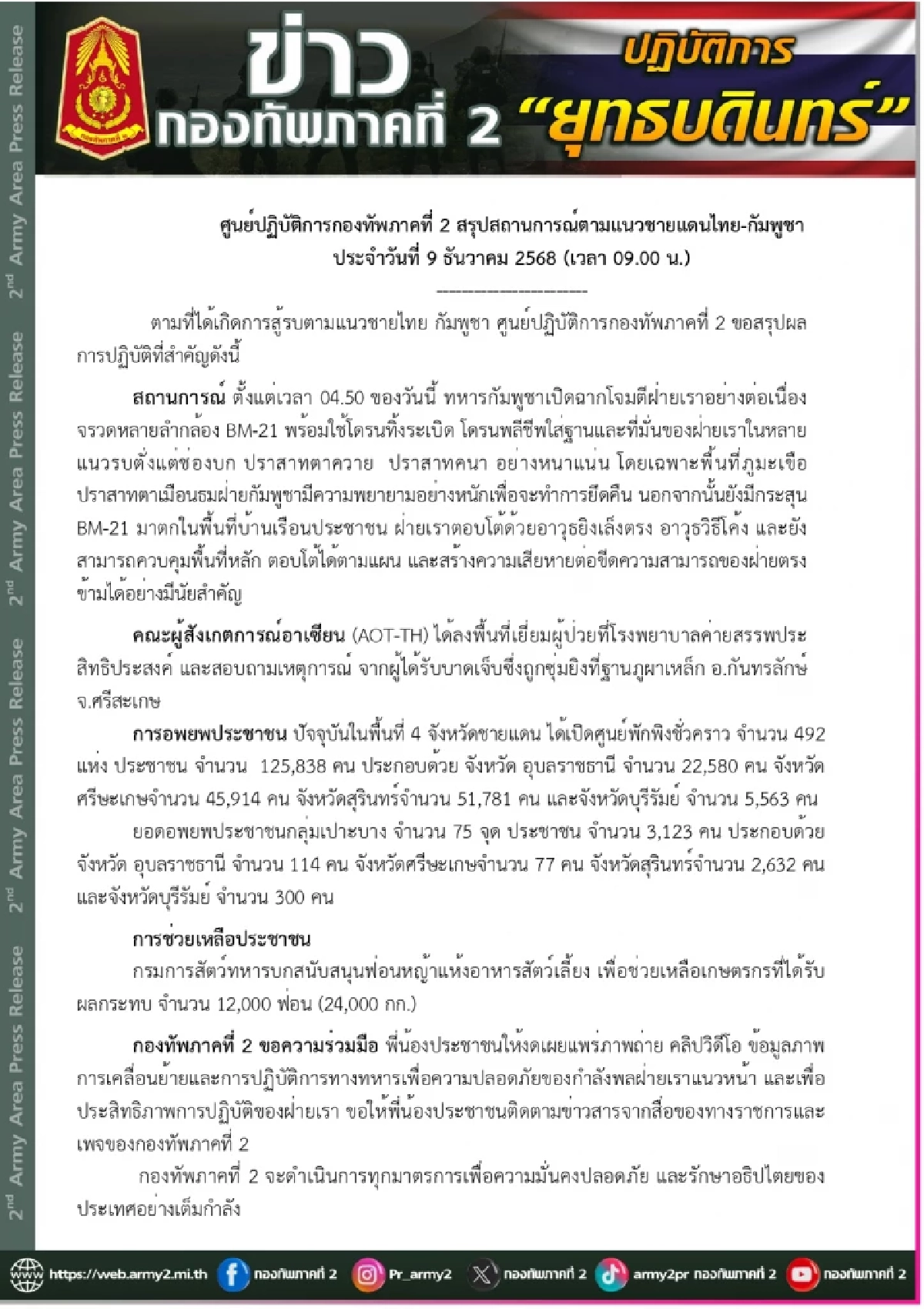 ศูนย์ปฏิบัติการกองทัพภาคที่ 2 สรุปสถานการณ์ตามแนวชายแดน