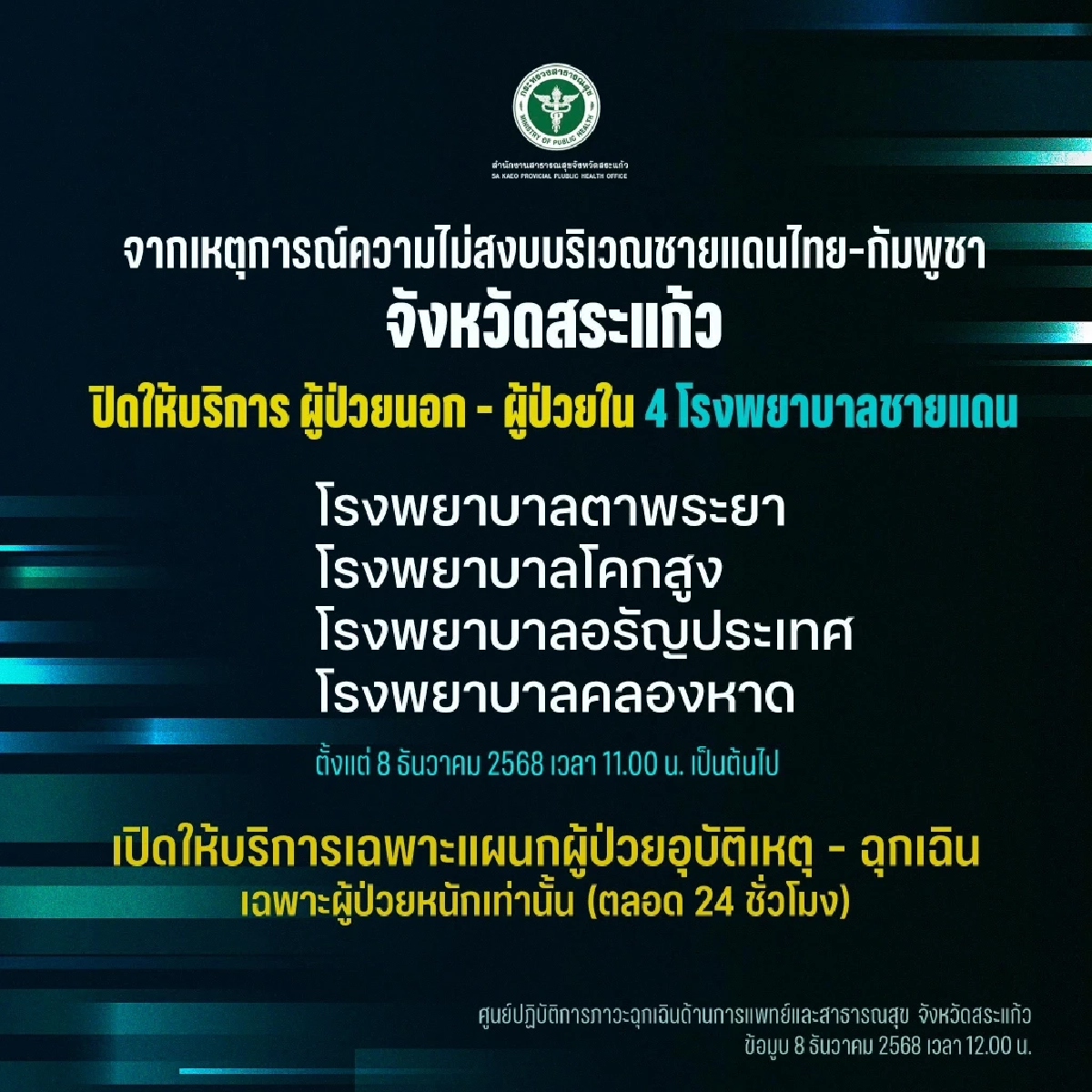 ประกาศปิดให้บริการ 4 โรงพยาบาลชายแดน จ.สระแก้ว (เป็นการชั่วคราว)