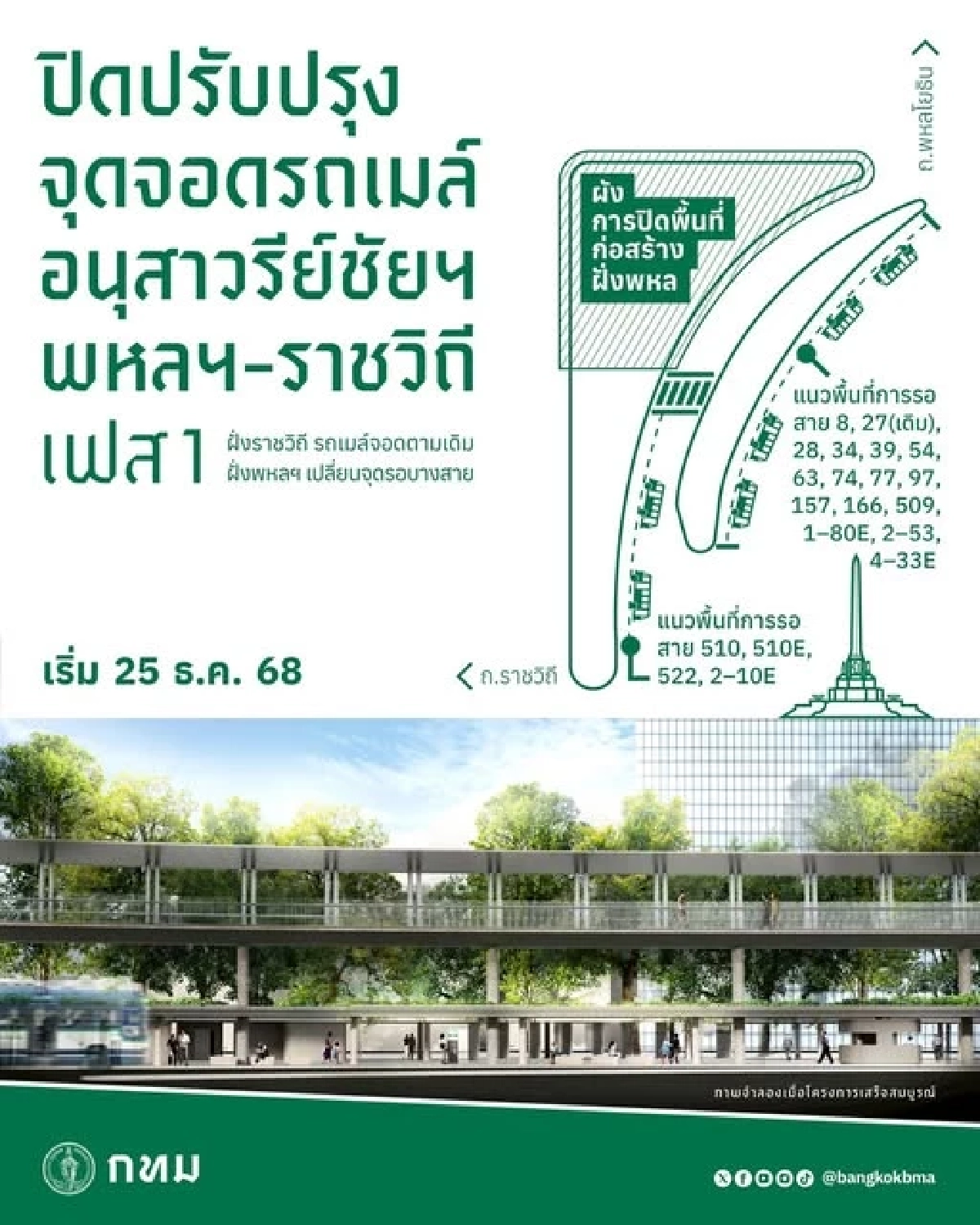กทม. ปรับโฉมจุดจอดรถเมล์อนุสาวรีย์ชัยฯ เริ่มเฟสแรกพรุ่งนี้