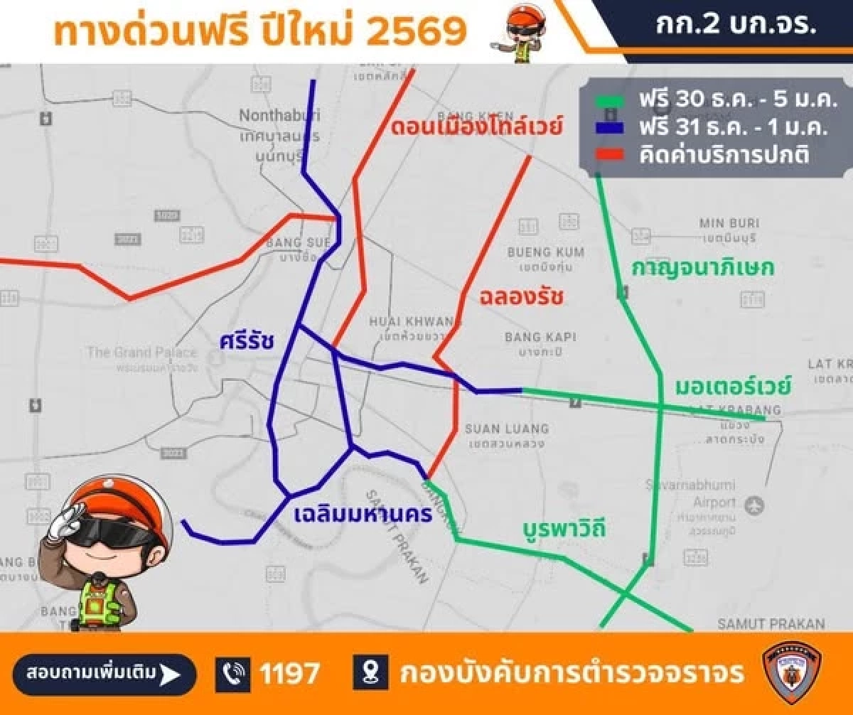 ทางด่วน มอเตอร์เวย์ฟรี เทศกาลปีใหม่ 2569 มีเส้นทางไหนบ้างเช็กเลย