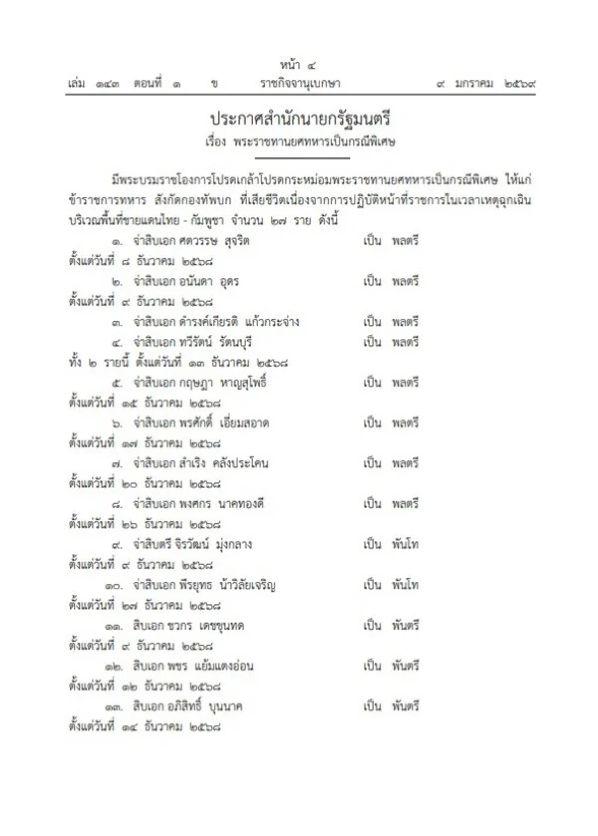 โปรดเกล้าฯ พระราชทานยศทหารพิเศษ 27 นาย เหตุชายแดนไทย-กัมพูชา